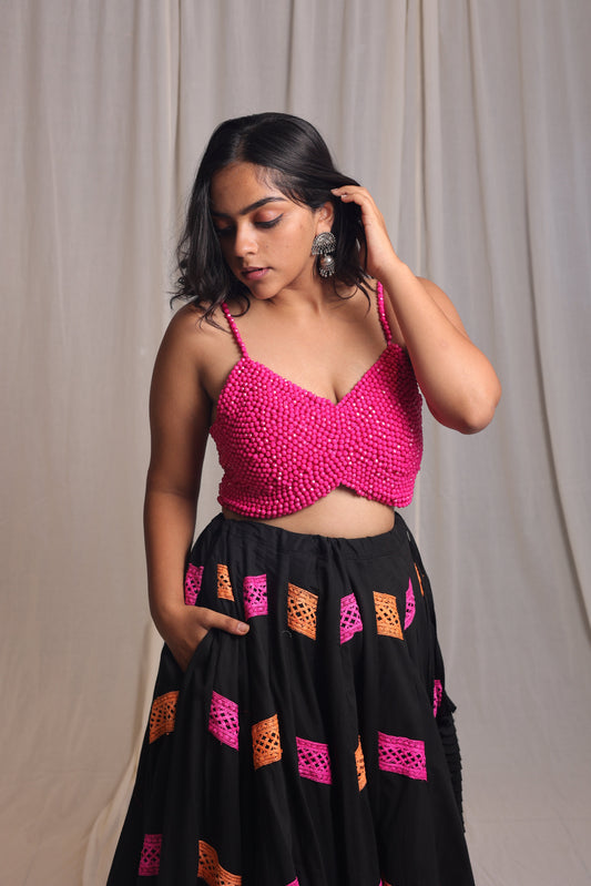 Black Alternate Karachi Pink & Orange Thread Border Work Skirt Only