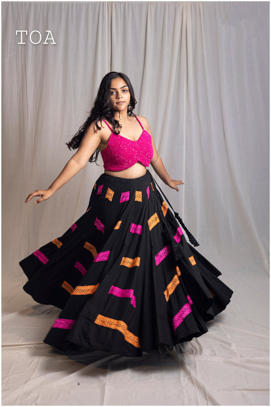 Black Alternate Karachi Pink & Orange Thread Border Work Skirt Only