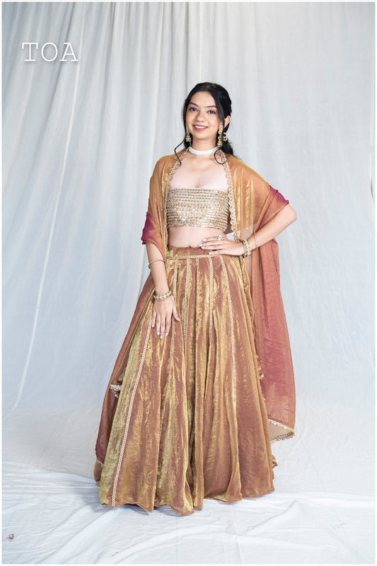 Zardosi Kalli Dual Tone Kanjivaram Skirt - Copper Golden