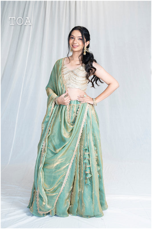 Zardosi Kalli Dual Tone Kanjivaram Skirt - Sage Green