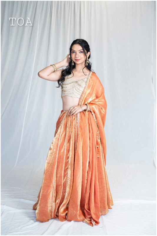 Zardosi Kalli Dual Tone Kanjivaram Skirt - Rust