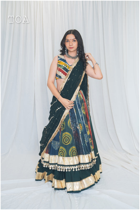Shades Of Ajrakh Collection - Double Layer Bottle Green Outfit - SL