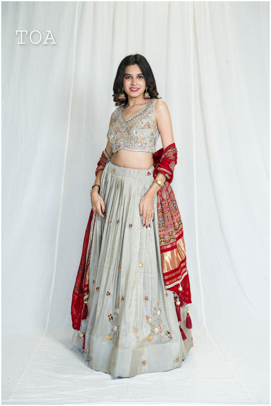 Beautiful Pearl Mirror Ajrakh Lehenga Outfit