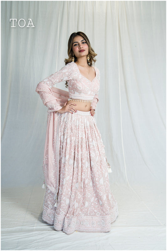 Baby Peach Pink Georgette Festive Lehenga Outfit