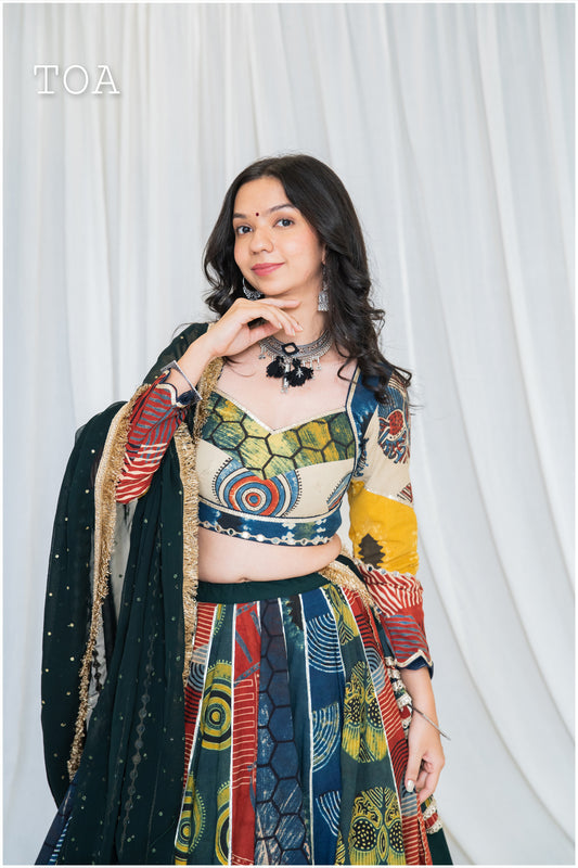 Shades Of Ajrakh Collection - Double Layer Bottle Green Outfit - FL