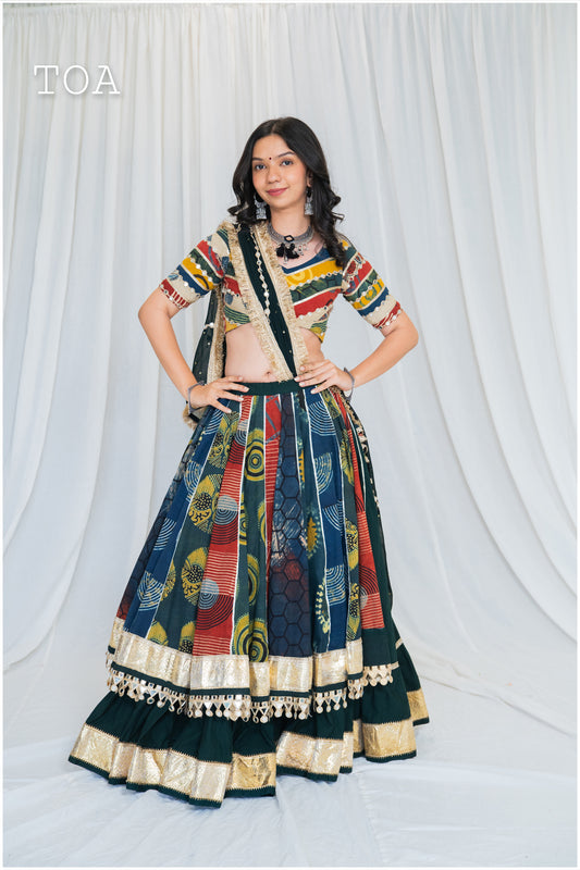 Shades Of Ajrakh Collection - Double Layer Bottle Green Outfit - EL