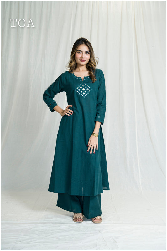 Turquoise Green Linen Mirror Kurta Set