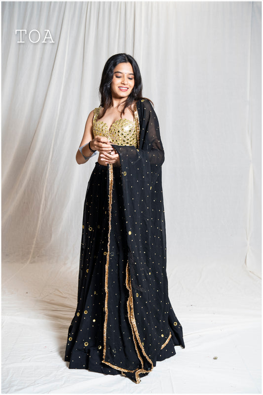 Shades Of Mirror - Sequins Sitara Golden Mirror Georgette Dupatta - Black