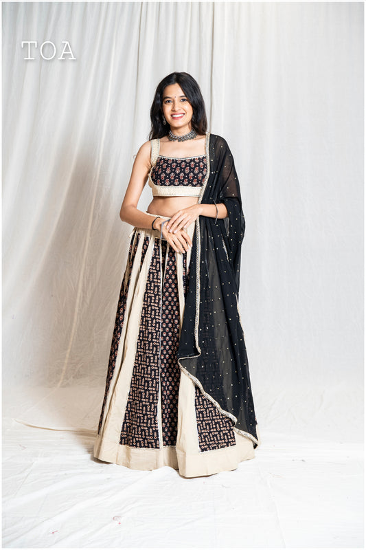 Beige To Black Ajrakh Grace Skirt Only