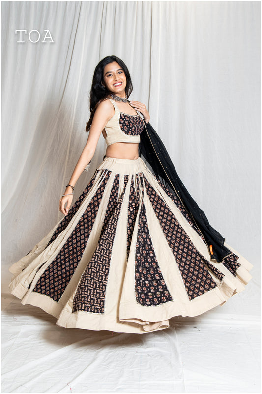 Beige To Black Ajrakh Grace Skirt Only