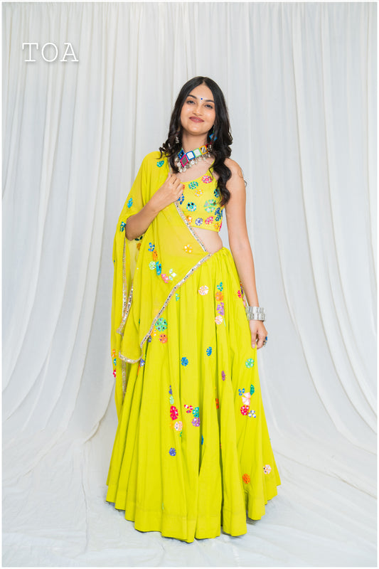 Shades Of Mirror - Multi Mirror Work Dupatta - Lime Green