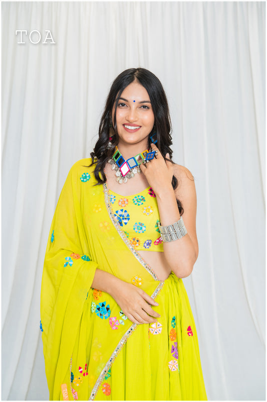 Shades Of Mirror - Multi Mirror Work Dupatta - Lime Green