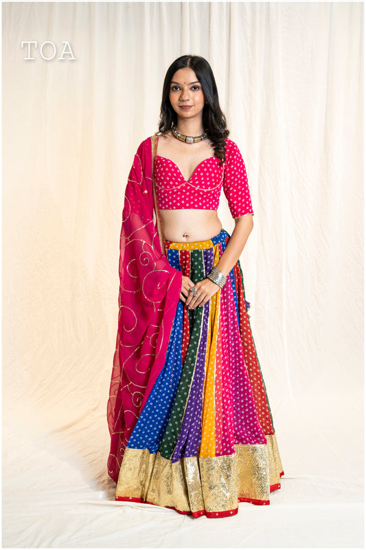 Multi Bandhani Georgette Lampi Set - Pink