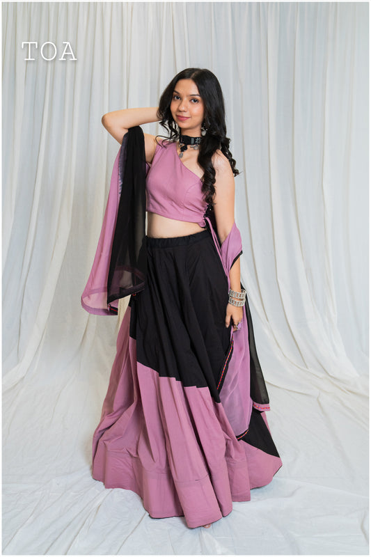 Shades Of Solid - Off Shoulder Wave Outfit - Dusty Pink & Black