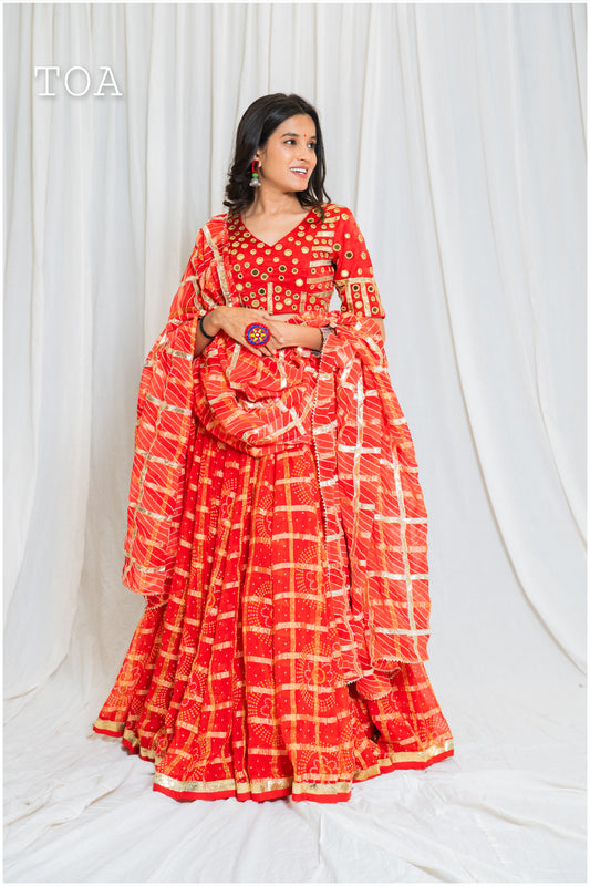 Shades Of Lampi - Gharchola Bandhani & Lampi Skirt Flare 15 Meters - Red