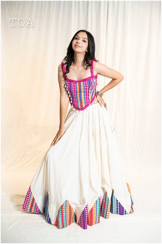 Kashmiri Top & Skirt - Pink & Off White Multi
