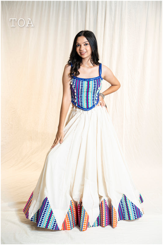 Kashmiri Top & Skirt - Blue & Off White Multi