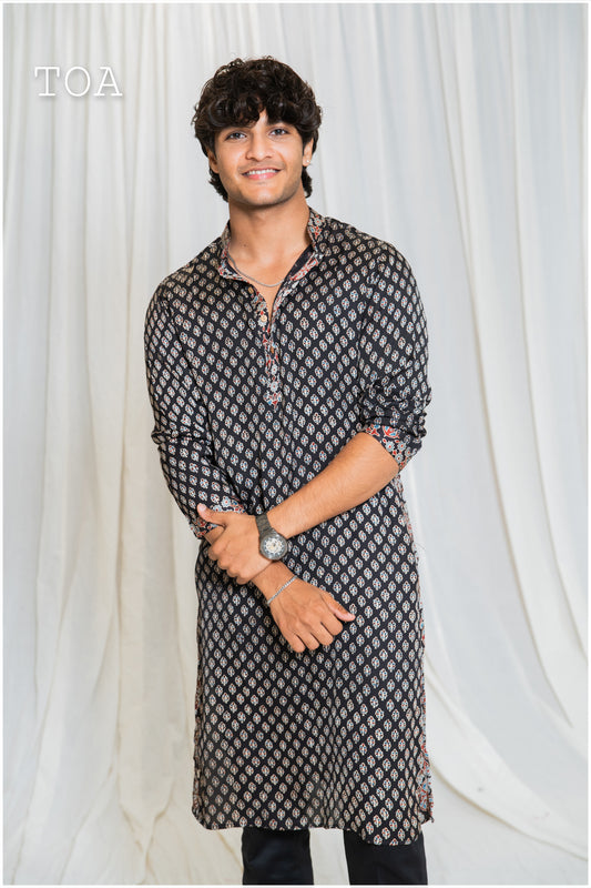Shades Of Ajrakh - Natural Handblock Mashru Kurta - Black