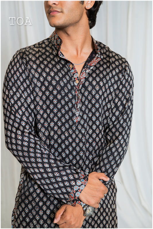 Shades Of Ajrakh - Natural Handblock Mashru Kurta - Black