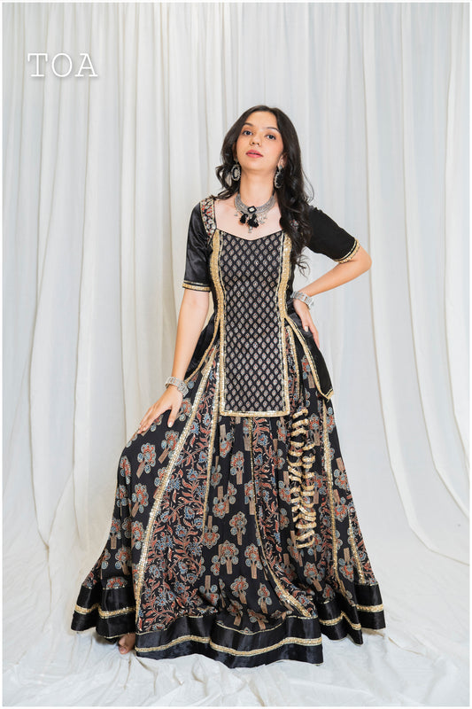 Shades Of Ajrakh - Mashru Handblock Gamthi Skirt - Traditional Black
