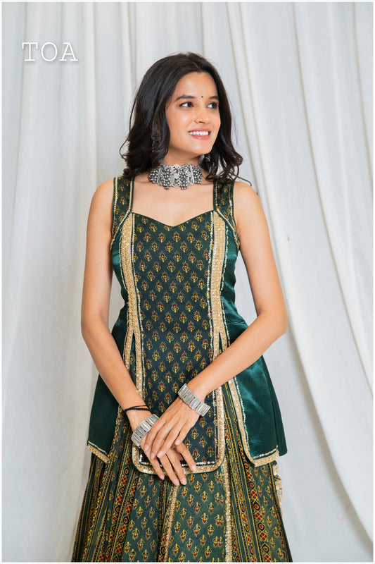 Shades Of Ajrakh - Mashru Handblock SL Outfit - Green