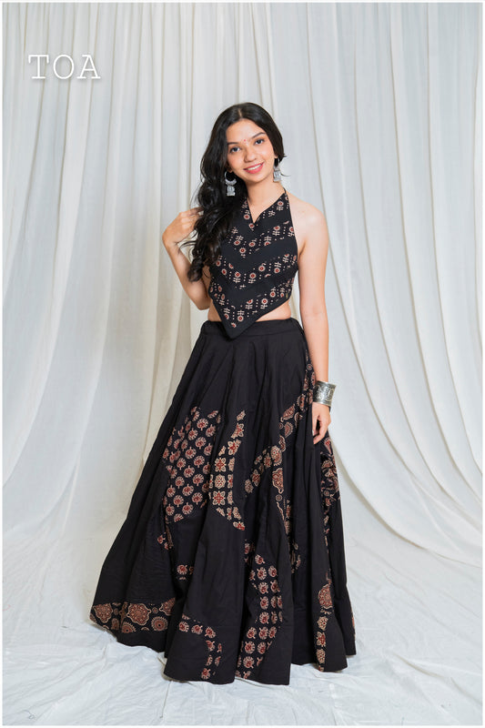Shades Of Ajrakh - Applique Gamthi Skirt - Black