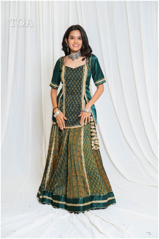 Shades Of Ajrakh - Mashru Handblock EL Outfit - Green