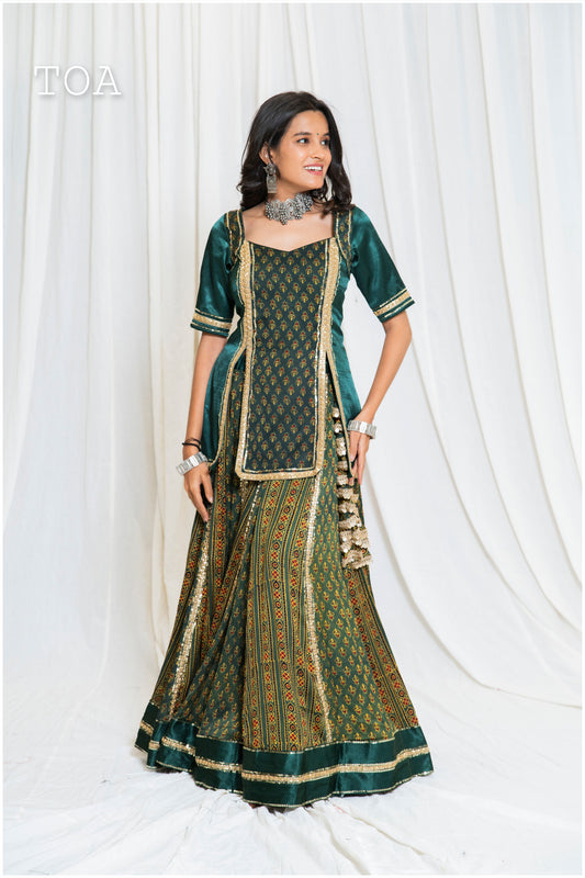 Shades Of Ajrakh - Mashru Handblock Top Green - EL