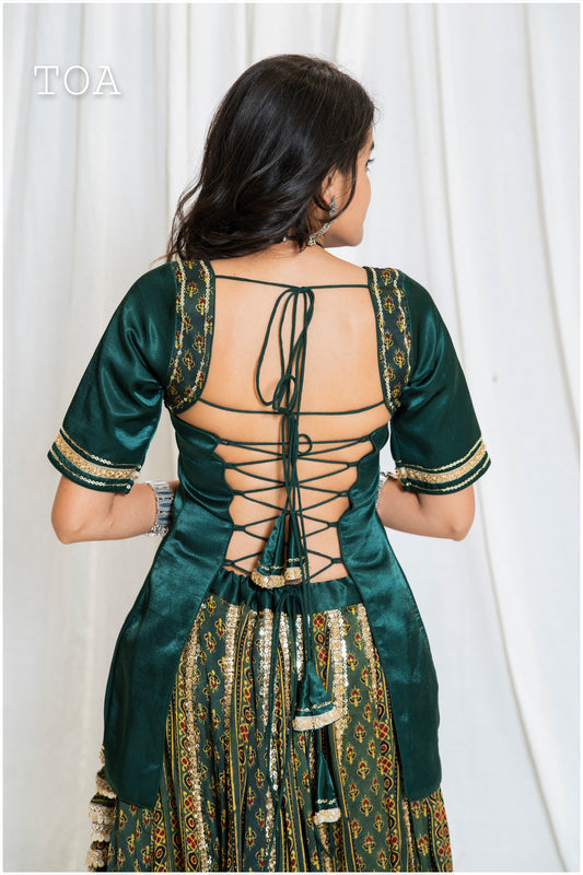 Shades Of Ajrakh - Mashru Handblock Top Green - EL
