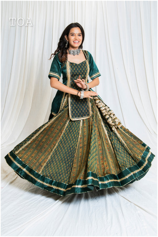 Shades Of Ajrakh - Mashru Handblock EL Outfit - Green