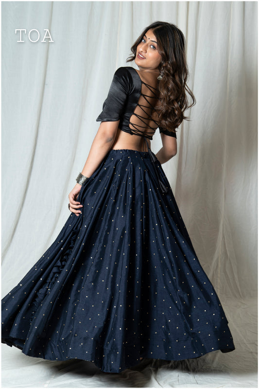 Textured Silk Sequins Skirt Only - Navy Blue