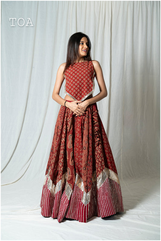 Ajrakh Grace Skirt & Top - Maroon