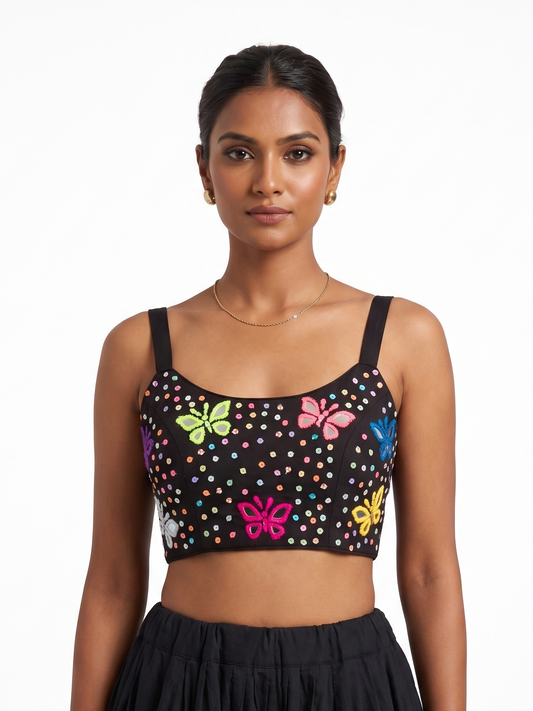 Butterfly Bloom Mirror Top - Black