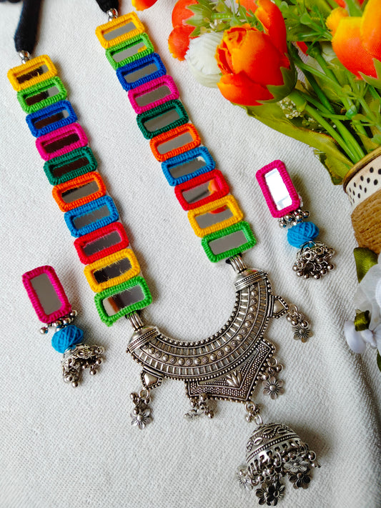 Oxidised Multi Mirror Necklace - JVD