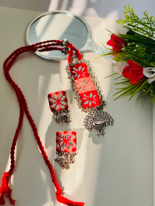 Red Multi - Mirror Oxidized Necklace - JJ