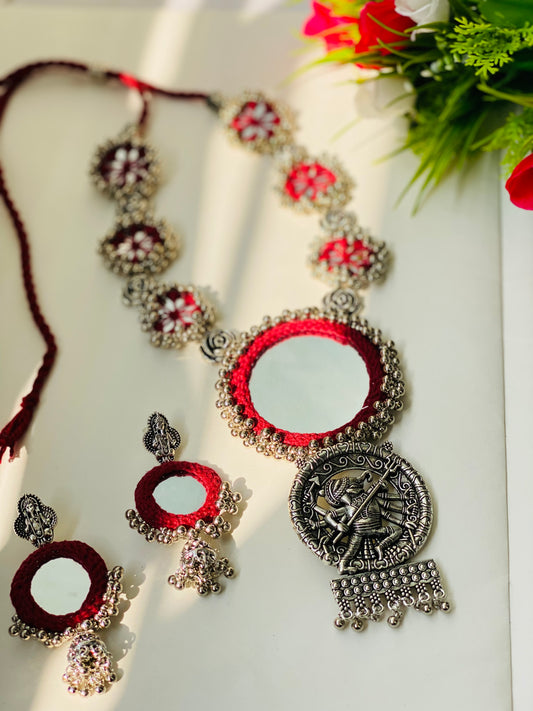 Maroon Mirror Oxidized Necklace - JJ