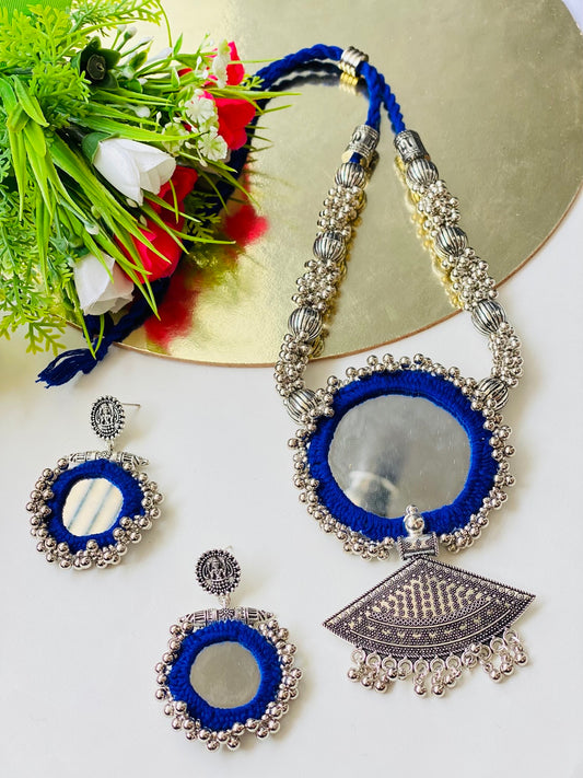 Royal Blue Mirror Oxidized Necklace - JJ
