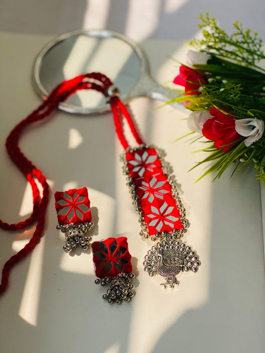 Maroon Mirror Oxidized Necklace - JJ