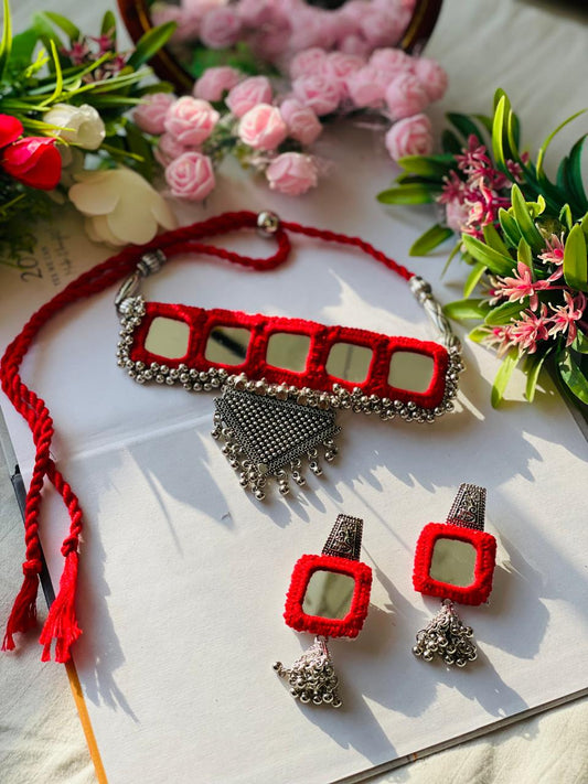 Maroon Oxidized Mirror Necklace - JJ