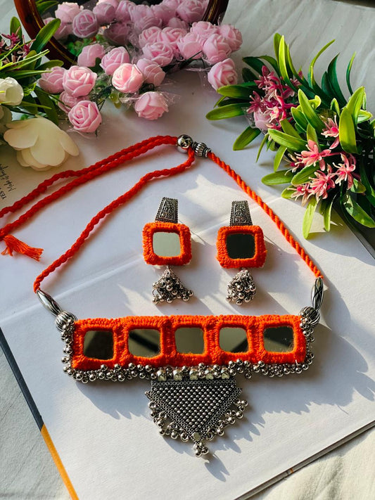Orange Oxidized Mirror Necklace - JJ