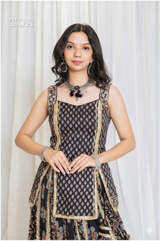 Shades Of Ajrakh - Mashru Handblock Top Black - SL