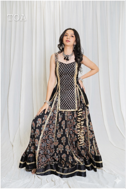Shades Of Ajrakh - Mashru Handblock SL Outfit - Black