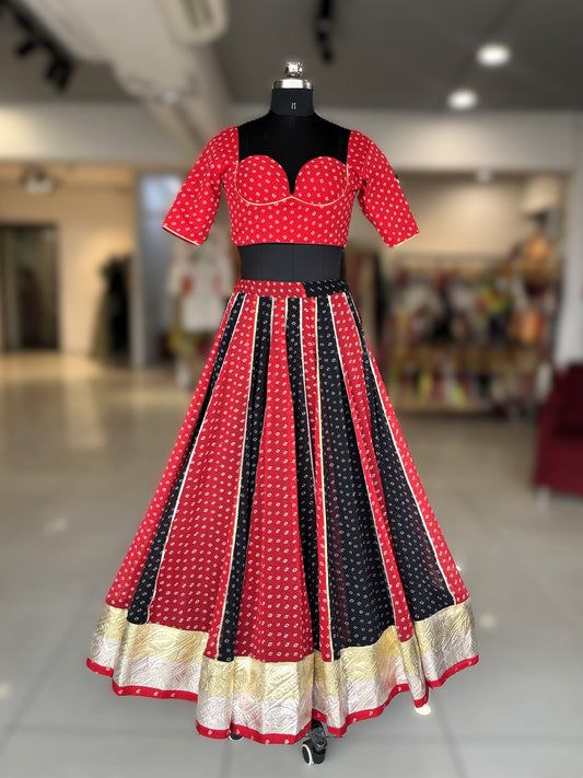 Red & Black Bandhani Georgette Skirt Only