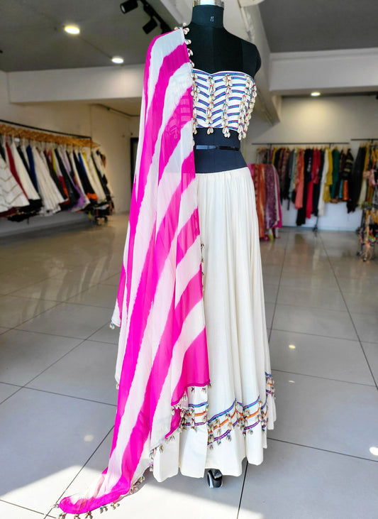 Hand Dyed Lehriya Dupatta Georgette Pink to off White