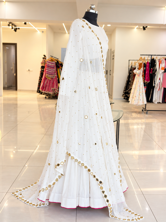 Shades Of Mirror - Golden Aari & Mirror Georgette Dupatta - White