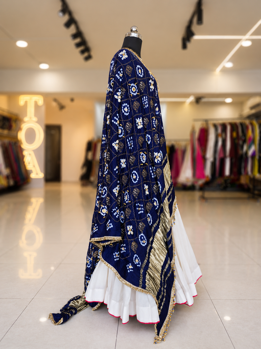Shades Of Bandhani - Gungroo & Shells Dupatta - Royal Blue