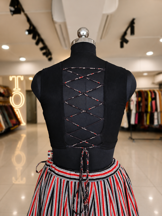 Illusion Stripe Ajrakh Grace Georgette Top - Black SL