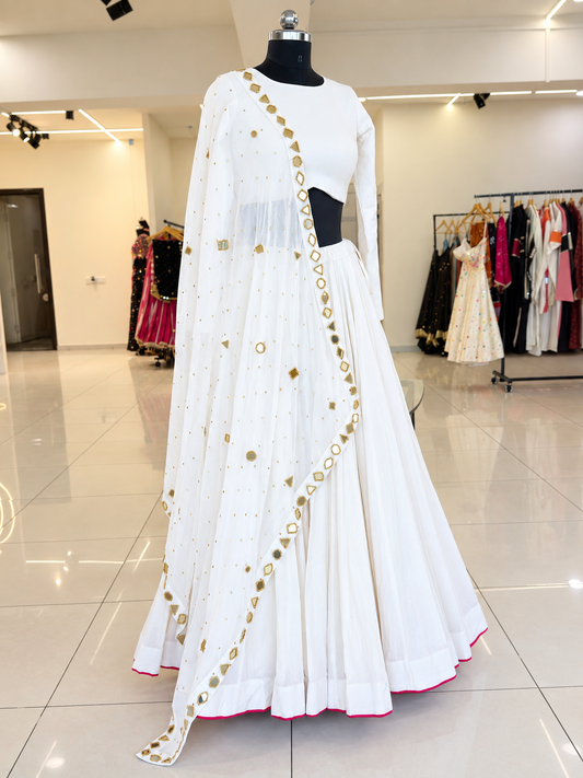 Shades Of Mirror - Golden Aari & Mirror Georgette Dupatta - White